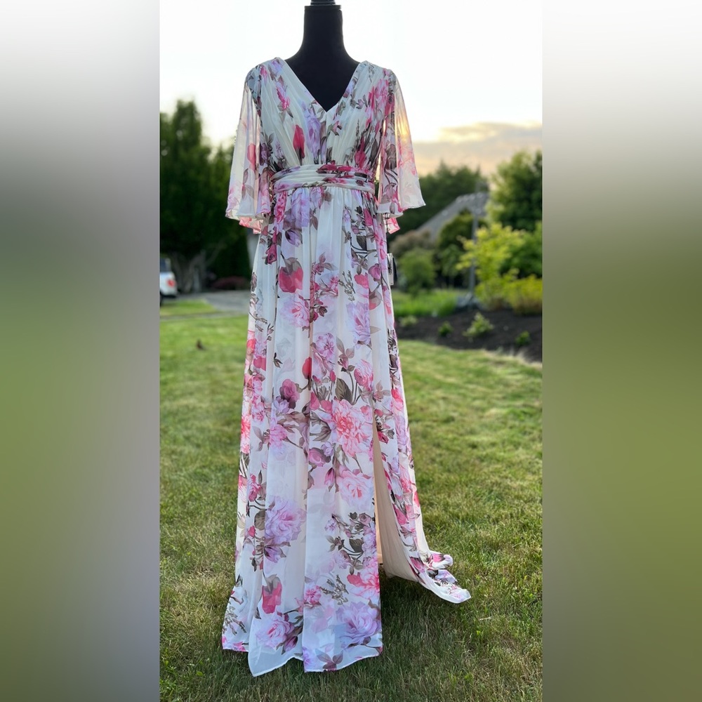 Adrianna papell flutter sleeve chiffon maxi dress floral evening gown - Picture 7 of 14